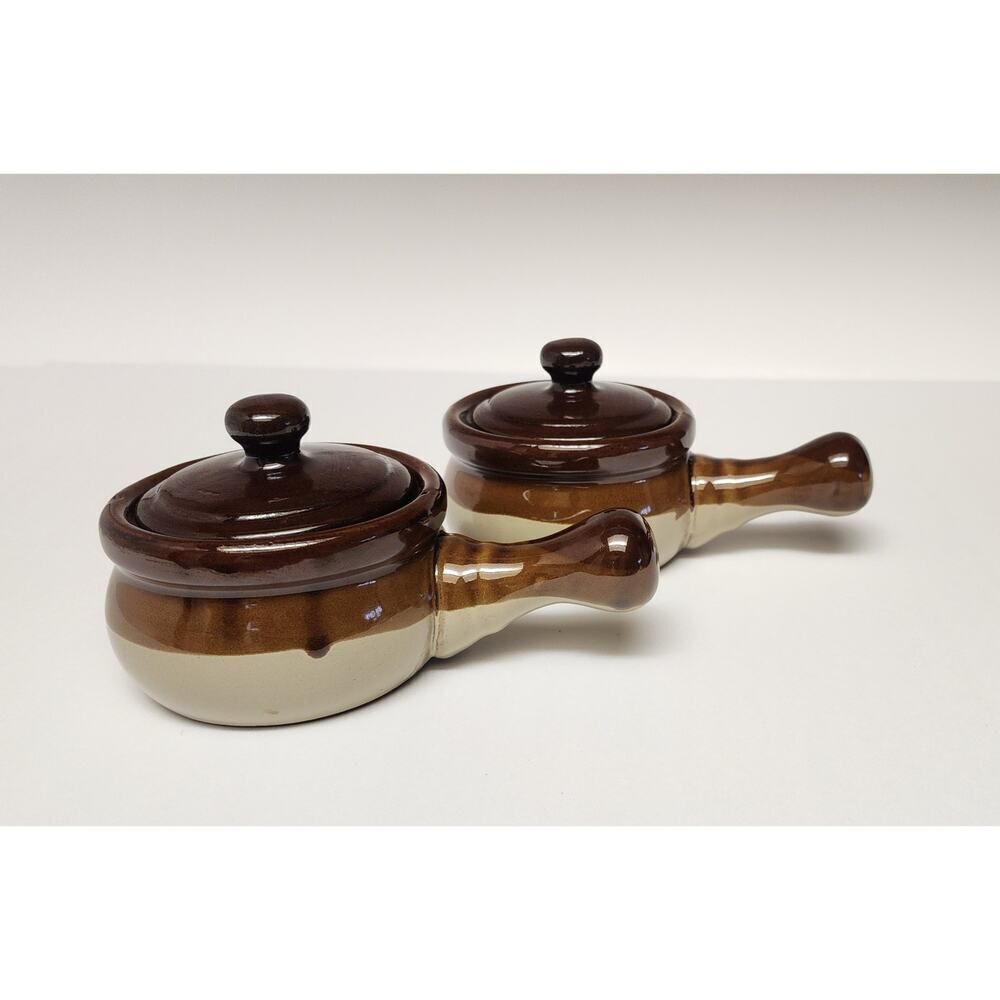 Vintage Brown Drip Stoneware French Onion Soup Crock with Lid Set of 3